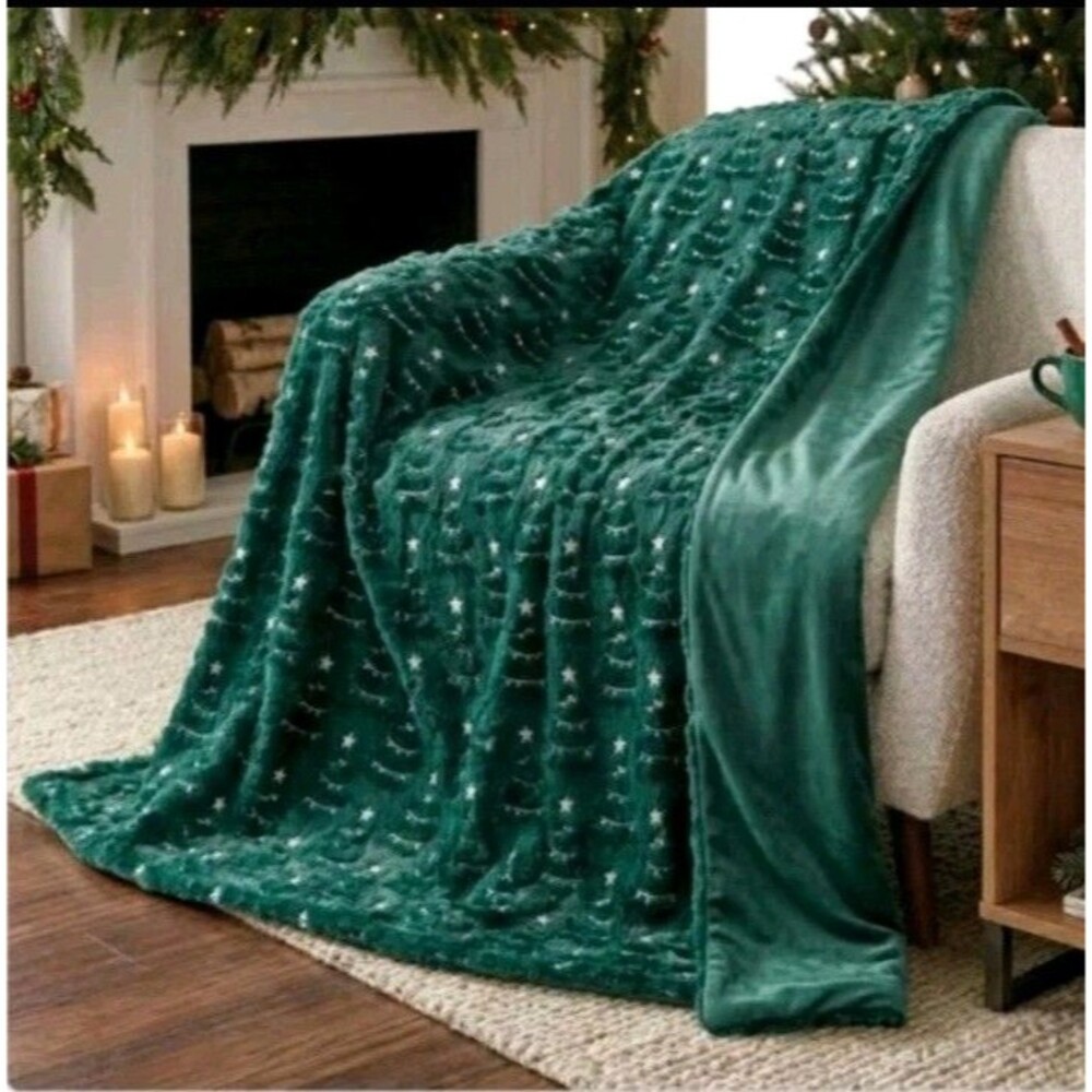 Northwest Holiday Embroidered Faux Fur Throw 60" X 70", Christmas Tree